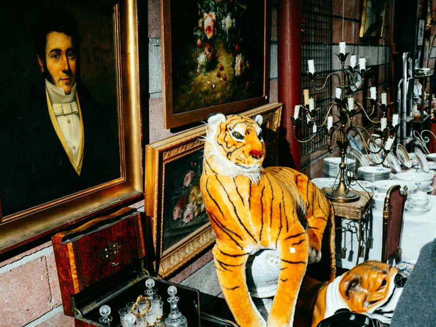 Antique portraits, a plush tiger, and fine china on display at a Quad Cities estate sale
