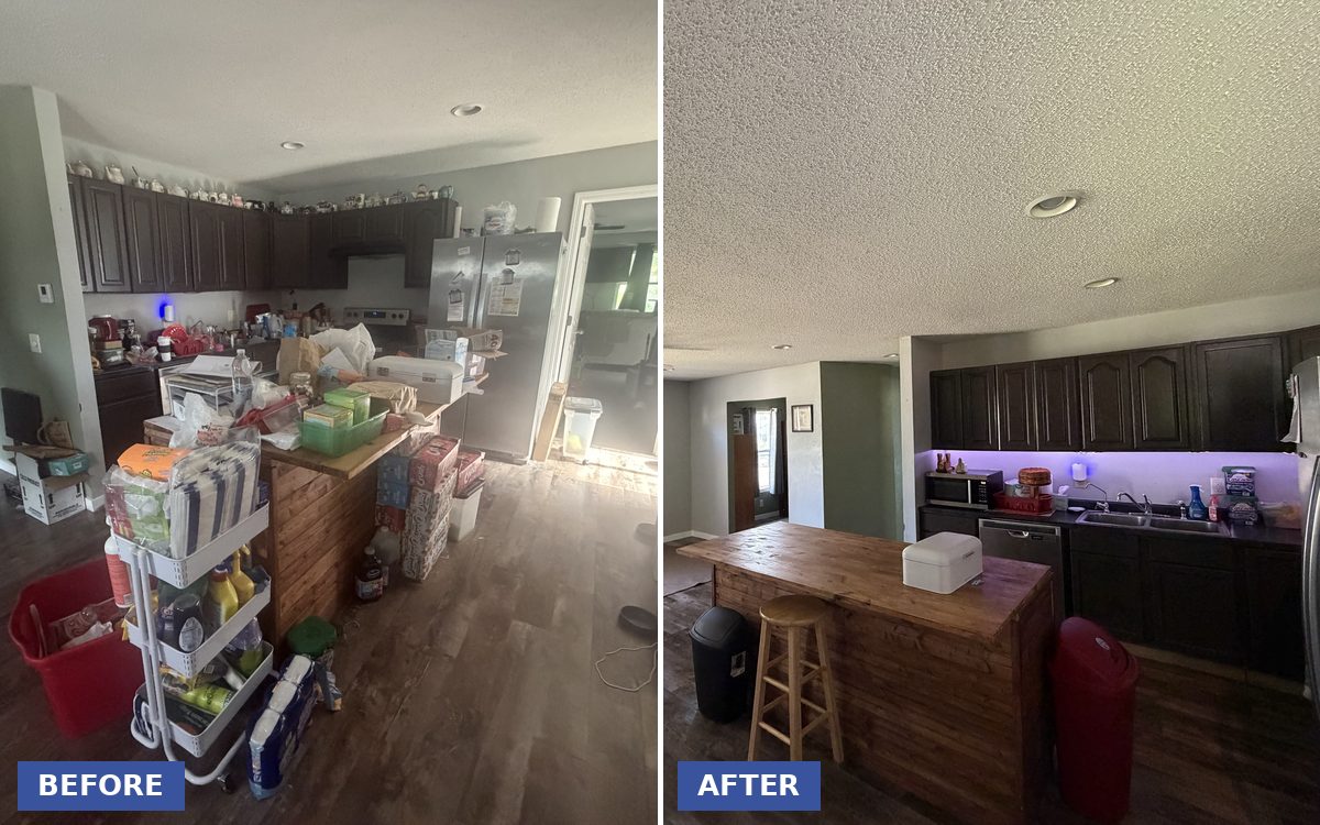 Before and after transition clean of a Quad Cities home kitchen, cluttered on the left and cleared and cleaned on the right